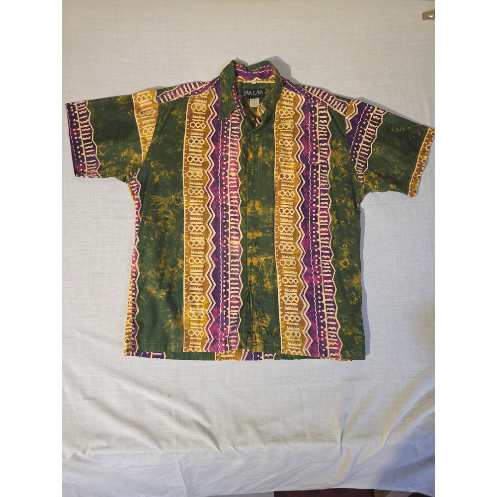 Java Lava Button Down Camp Shirt Batik Tribal XL Green Purple Boho Festival 90s‎